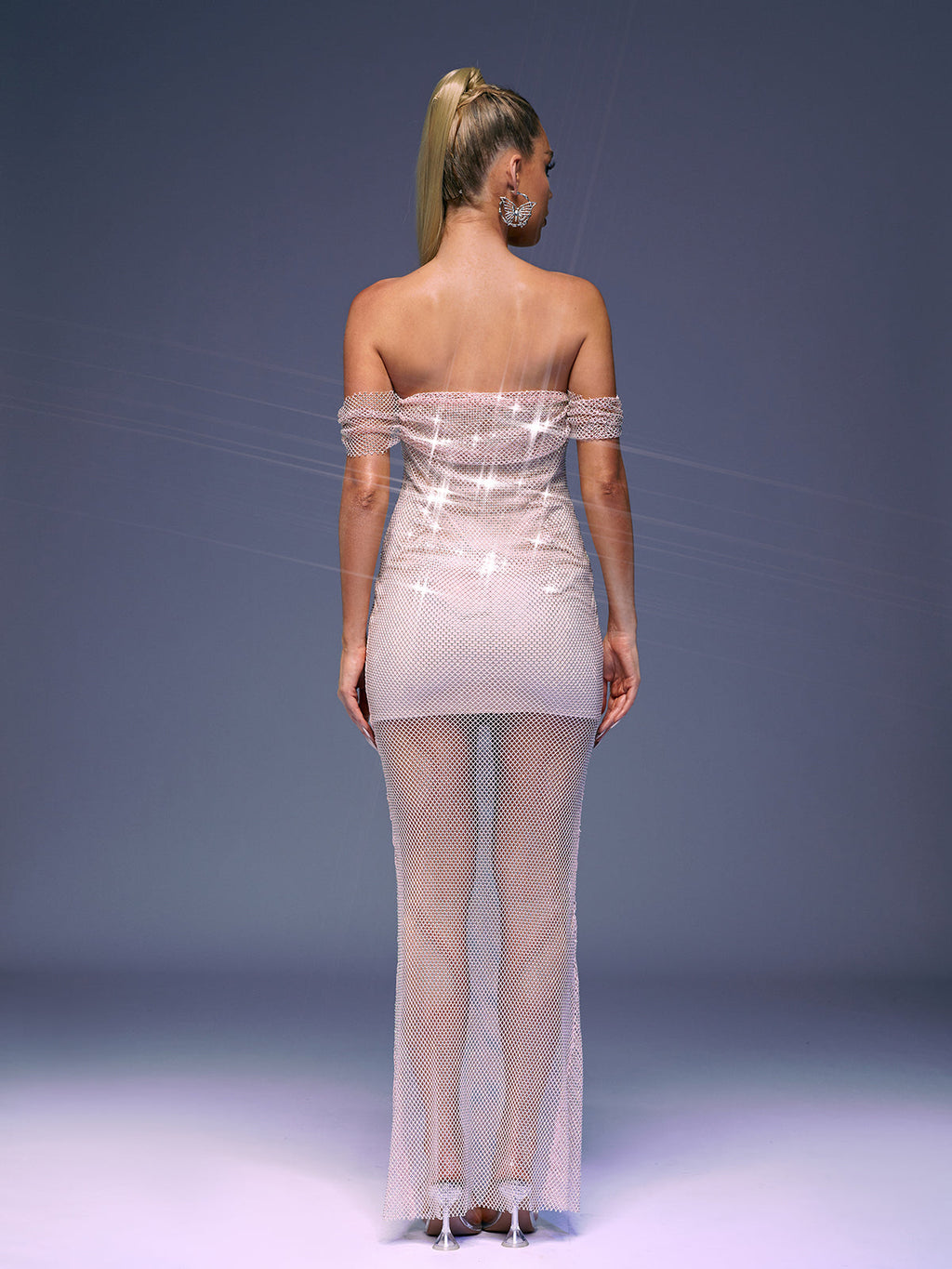 Bexley Off Shoulder Mesh Rhinestone Maxi Dress