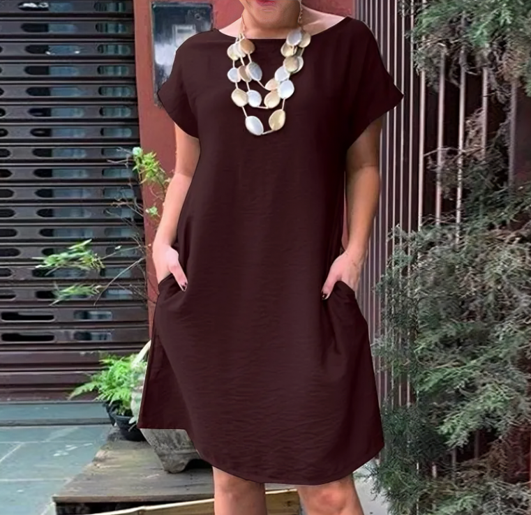 Harper Chic Loose Round Neck Short Sleeve Dress Elevated Occasion Wear