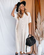 Binx Cotton Pocketed Button Down Midi Dress Ivory