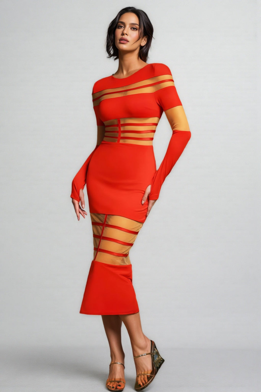 Spark Long Sleeve Round Neck Midi Dress