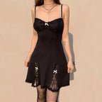 Black Gothic Lolita Style Lace Trim Sleeveless V Neck Bow Y2K Aesthetic Grunge Mini ALine Dress