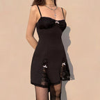 Black Gothic Lolita Style Lace Trim Sleeveless V Neck Bow Y2K Aesthetic Grunge Mini ALine Dress