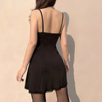 Black Gothic Lolita Style Lace Trim Sleeveless V Neck Bow Y2K Aesthetic Grunge Mini ALine Dress