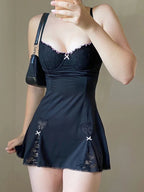 Black Gothic Lolita Style Lace Trim Sleeveless V Neck Bow Y2K Aesthetic Grunge Mini ALine Dress