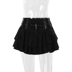 Black Lace Trim Cross Laceup Mini Vintage Sexy ALine Layered Short Women Summer Autumn Skirt