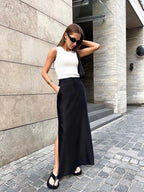 Black Loose Elegant ALine Summer AnkleLength Pocket Skirt