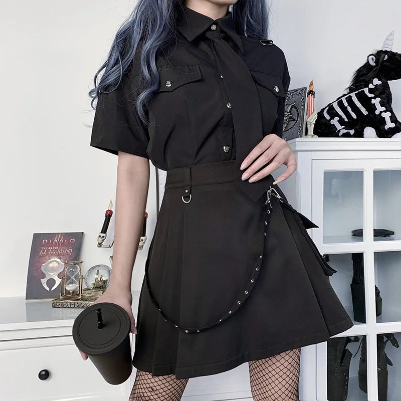Black Functional Irregular Pleated Aline High Waist Tooling Waist Chain Gothic Harajuku Y2k Goth Skirt