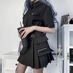 Black Functional Irregular Pleated Aline High Waist Tooling Waist Chain Gothic Harajuku Y2k Goth Skirt