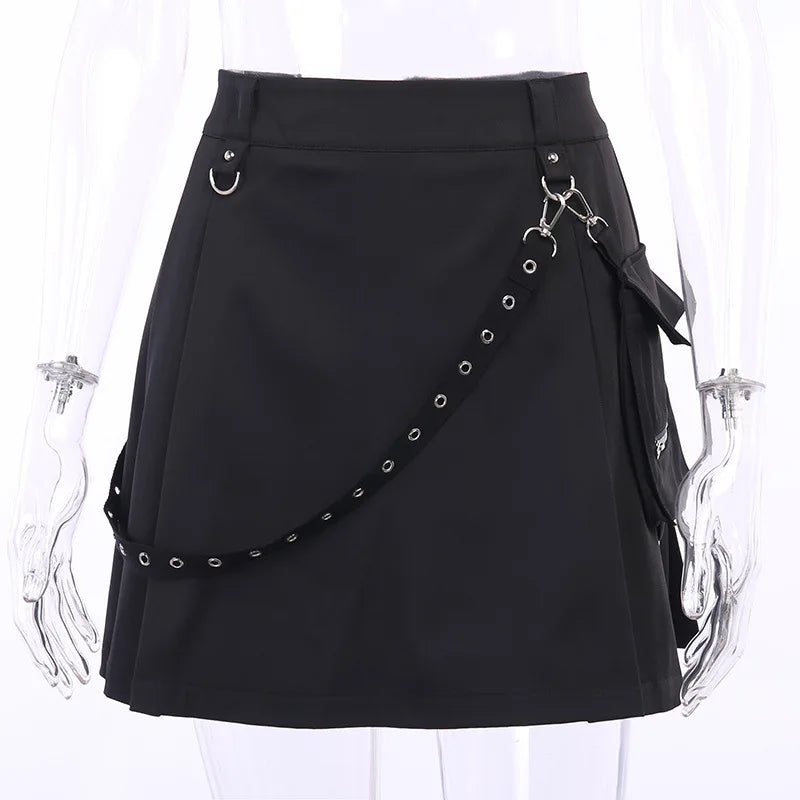 Black Functional Irregular Pleated Aline High Waist Tooling Waist Chain Gothic Harajuku Y2k Goth Skirt