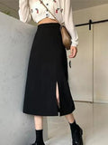 Black Midcalf College Aline High Waist Streetwear Female Skirt