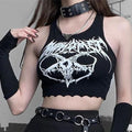 Black Knitted Grunge Punk Goth Goat Head Print Summer Sexy Sleeveless Oneck Crop Top