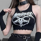 Black Knitted Grunge Punk Goth Goat Head Print Summer Sexy Sleeveless Oneck Crop Top
