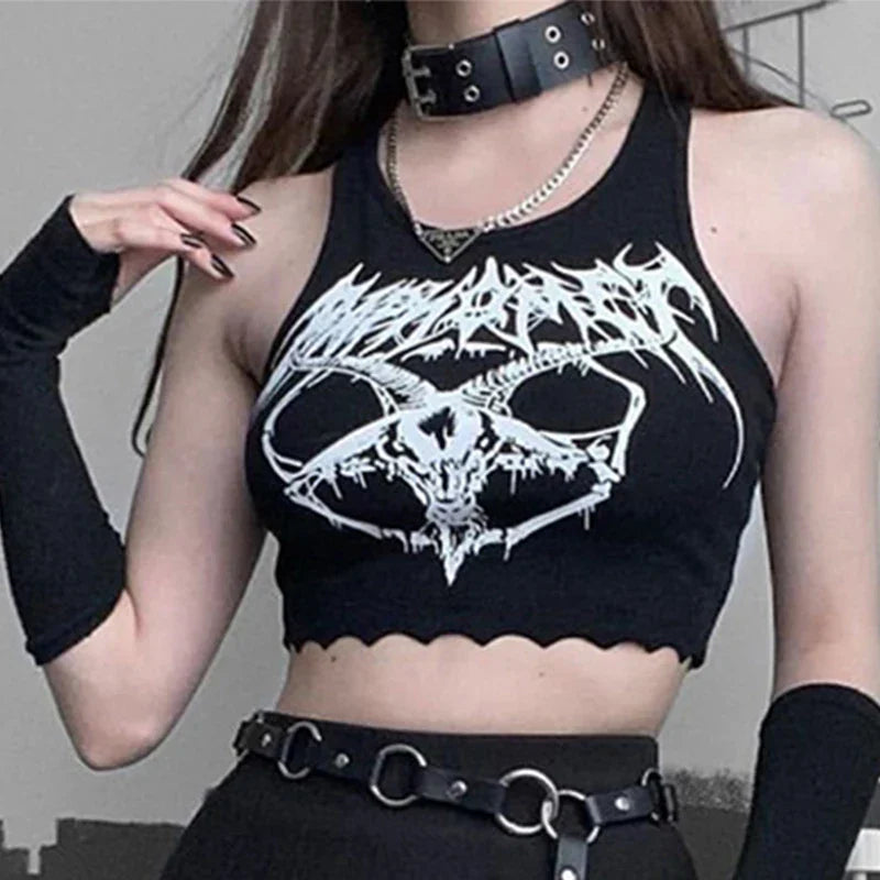 Black Knitted Grunge Punk Goth Goat Head Print Summer Sexy Sleeveless Oneck Crop Top