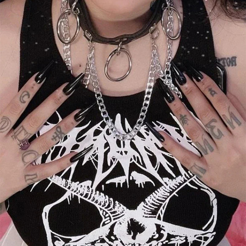 Black Knitted Grunge Punk Goth Goat Head Print Summer Sexy Sleeveless Oneck Crop Top