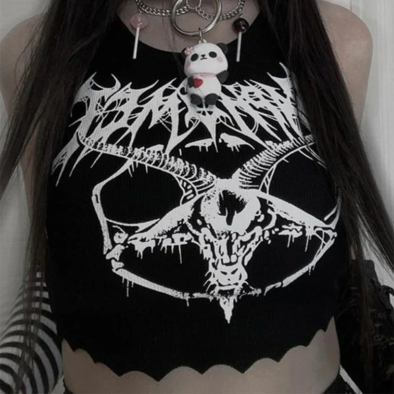 Black Knitted Grunge Punk Goth Goat Head Print Summer Sexy Sleeveless Oneck Crop Top