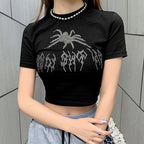Black Knitted Grunge Punk Goth Goat Head Print Summer Sexy Sleeveless Oneck Crop Top