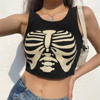 Black Knitted Grunge Punk Goth Goat Head Print Summer Sexy Sleeveless Oneck Crop Top