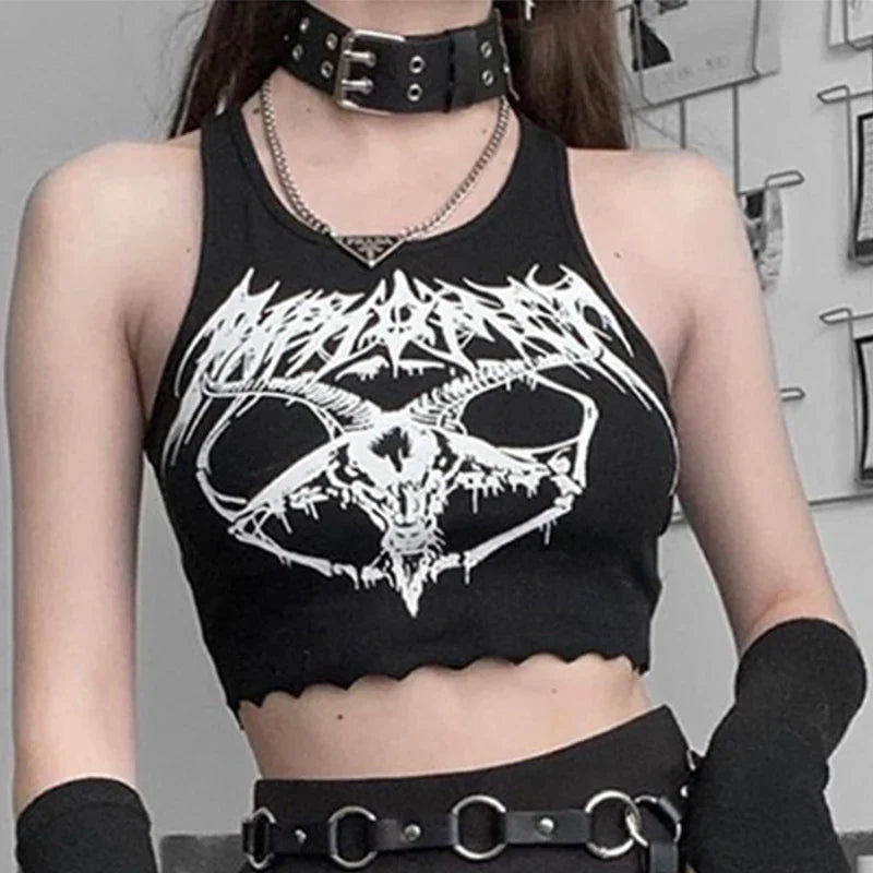 Black Knitted Grunge Punk Goth Goat Head Print Summer Sexy Sleeveless Oneck Crop Top