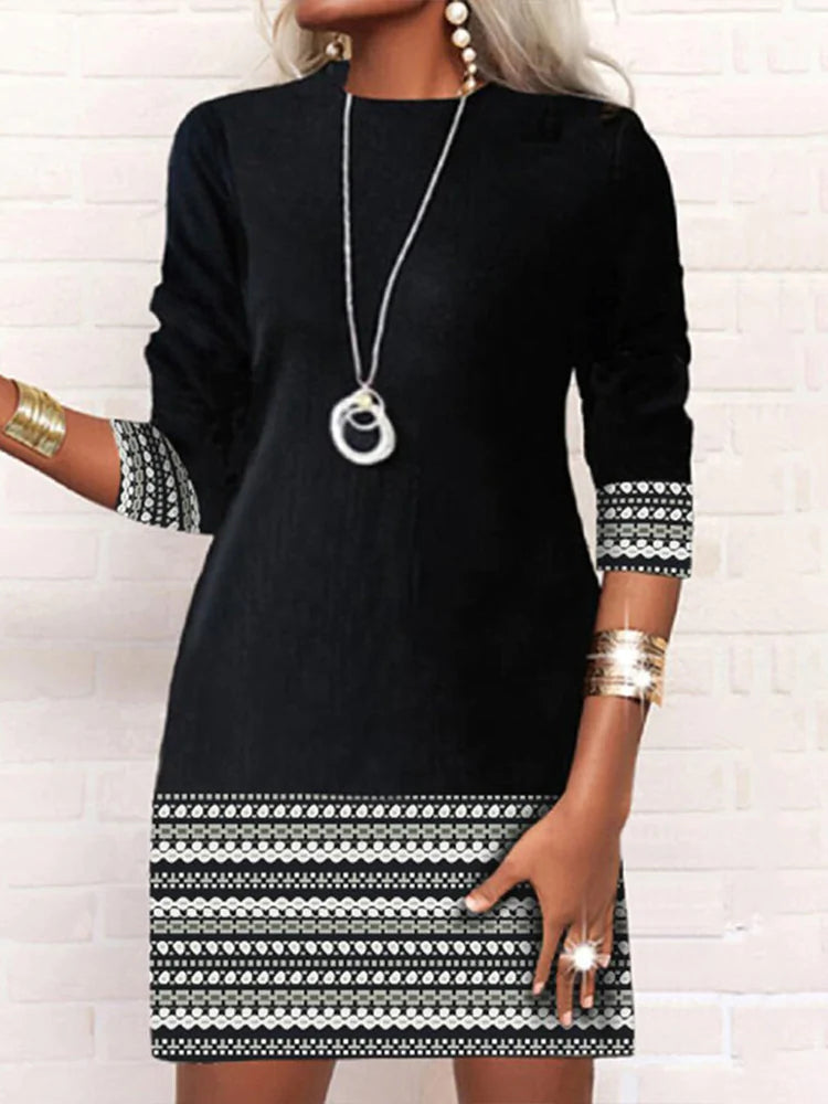Black and White Aztec Print Trim Long Sleeve Mini Dress