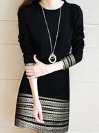 Black and White Aztec Print Trim Long Sleeve Mini Dress