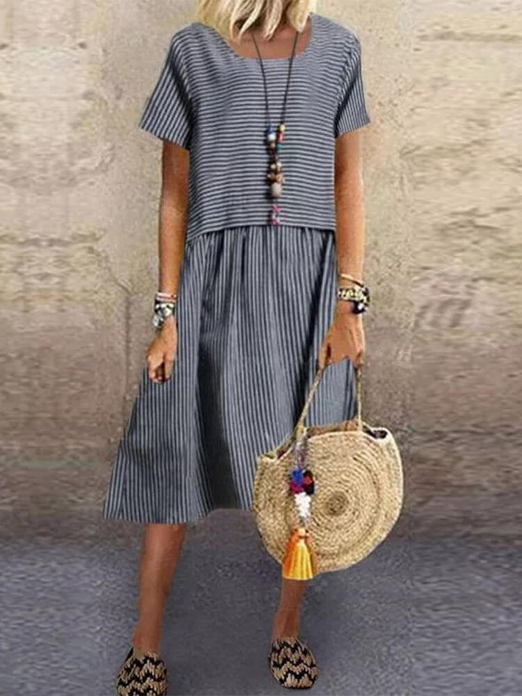 Black and White Striped Short Sleeve Midi Dress