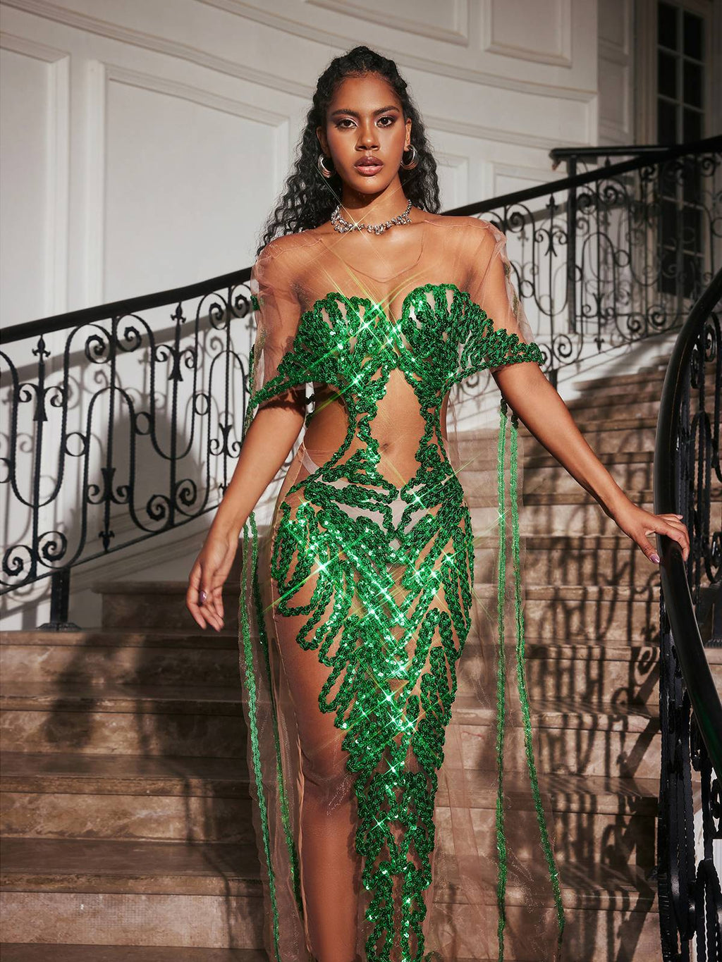 Cutout Sequin Embellished Maxi Dress