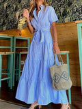 Blue Collared Striped Print Maxi Dress
