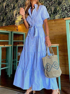 Blue Collared Striped Print Maxi Dress