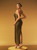 Halterneck Fringe Maxi Dress In Olive