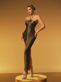 Halterneck Fringe Maxi Dress In Olive