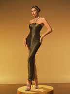 Halterneck Fringe Maxi Dress In Olive