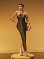 Halterneck Fringe Maxi Dress In Olive
