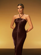 Halterneck Fringe Maxi Dress In Coffee