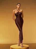 Halterneck Fringe Maxi Dress In Coffee