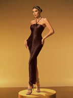 Halterneck Fringe Maxi Dress In Coffee