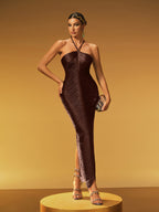 Halterneck Fringe Maxi Dress In Coffee