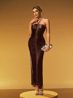 Halterneck Fringe Maxi Dress In Coffee