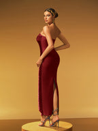 Halterneck Fringe Maxi Dress In Red