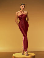 Halterneck Fringe Maxi Dress In Red