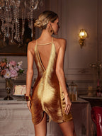 Halterneck Fringe Mini Dress In Bronze