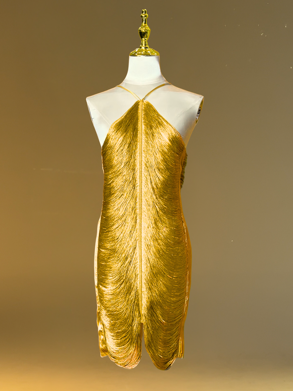 Halterneck Fringe Mini Dress In Bronze