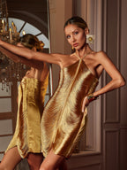 Halterneck Fringe Mini Dress In Bronze