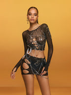 Cutout Chain Rhinestone Skirt Set