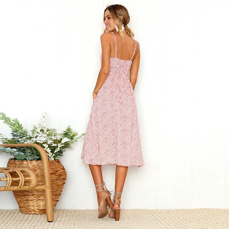 Floral VNeck Tie Back Beach Midi Dress