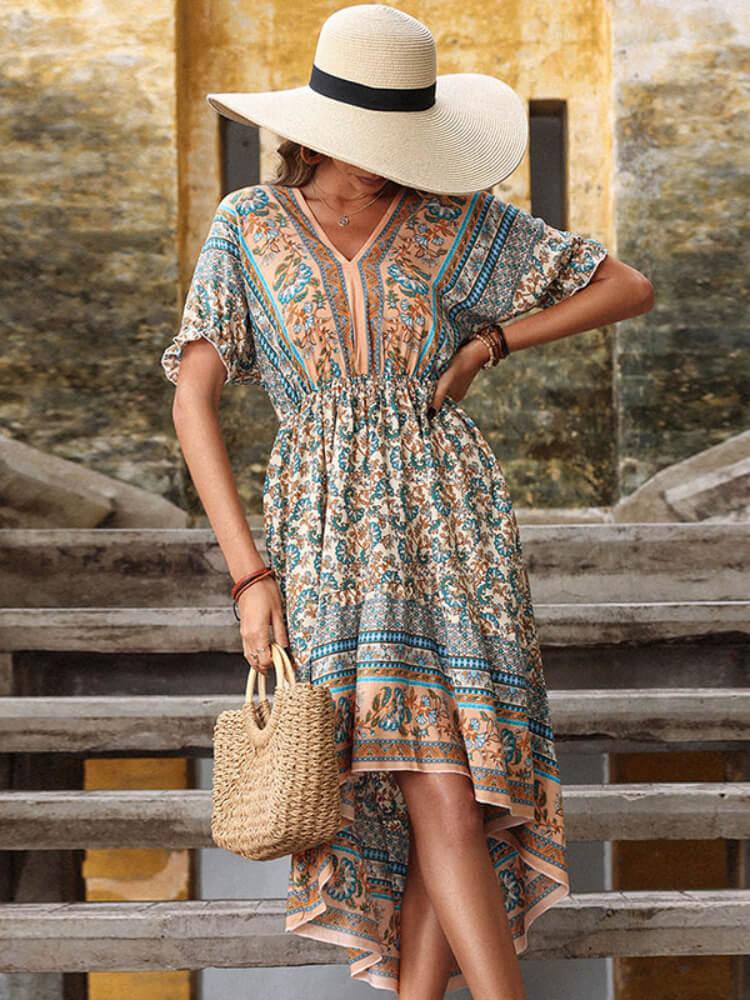 Bohemian High-Low Open Back Midi Dress