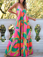 Bohemian Printed Ruffle V-neck Maxi Dress
