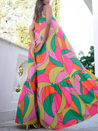 Bohemian Printed Ruffle V-neck Maxi Dress