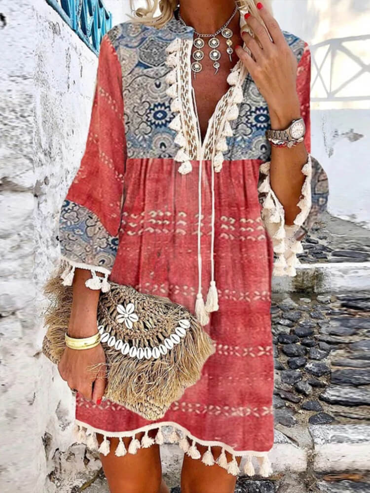 Bohemian Tassel Drawstring Autumn Red Short Dress