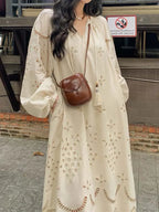 Korean Style Vintage Long Sleeve VNeck Boho Hollow Out Maxi Dress