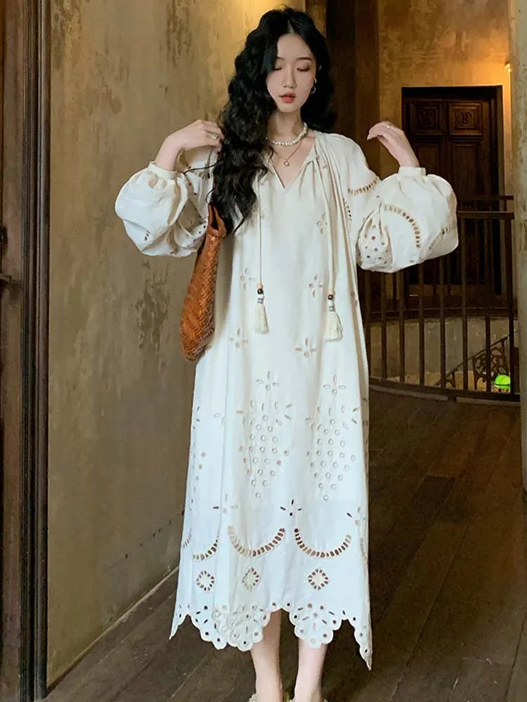 Korean Style Vintage Long Sleeve VNeck Boho Hollow Out Maxi Dress